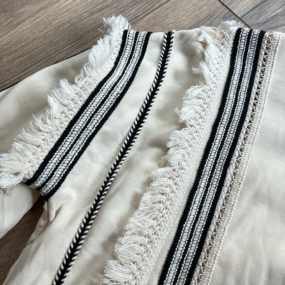 Anthropologie Eri & Ali Top Fringe Trim Black Cream Blouse Women Size Medium - Picture 4 of 12